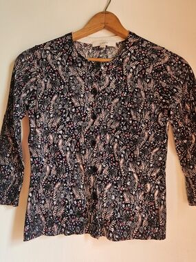 LOFT Black Floral Print Button-Up Cardigan Size XSmall